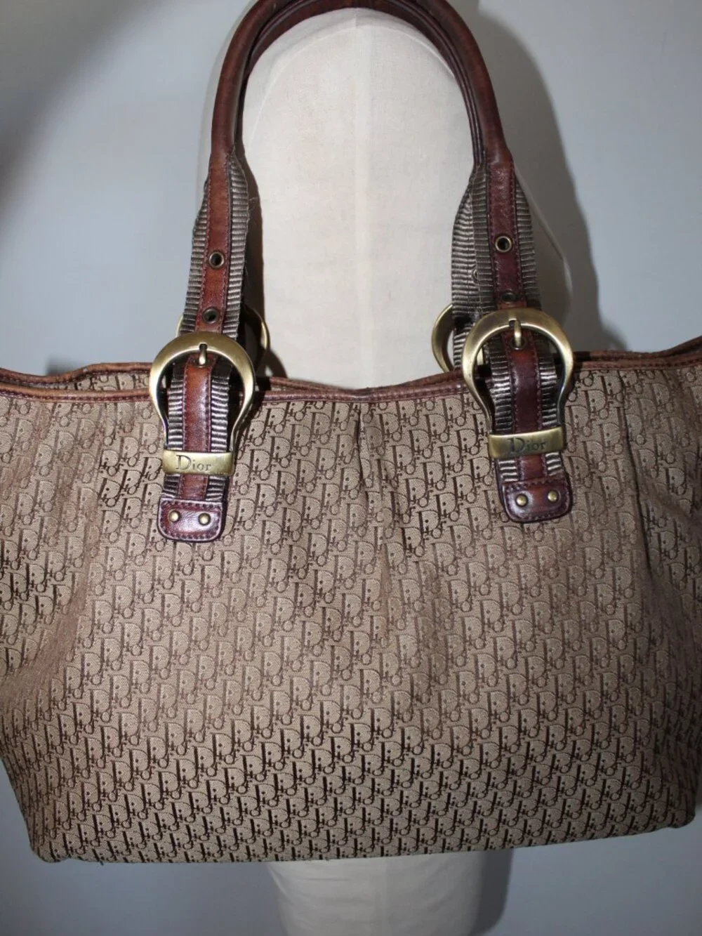 Christian Dior Vintage Trotter Canvas Tote Monogram  Brown Buckle Shoulder Bag